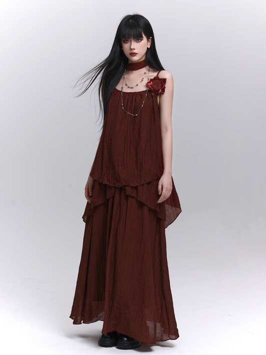 with Scarf Embellished Wine Red Floral / Cami Top