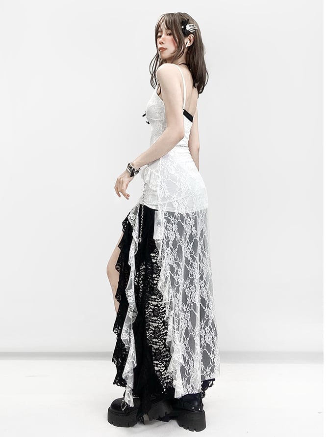 Top Neck Lace + Halter White Cami Hem Asymmetrical Bittersweet Skirt Dress Black