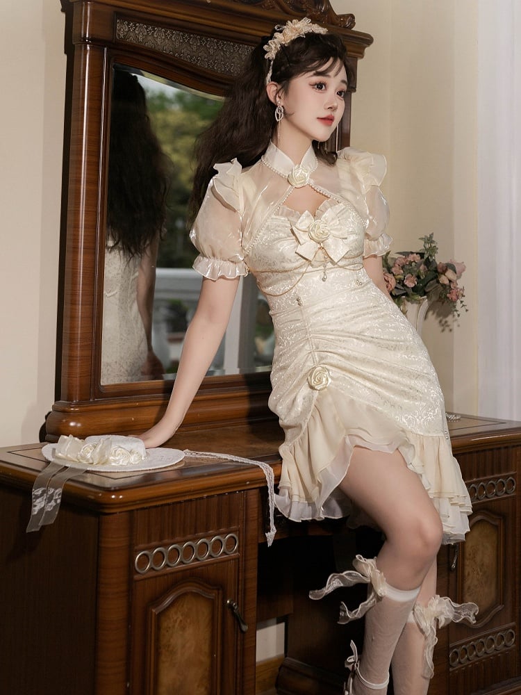 Lolita Mermaid Rose Hemline Ruffle Jacquard Ivory Decoration Detail Bead JSK