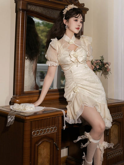 Lolita Mermaid Rose Hemline Ruffle Jacquard Ivory Decoration Detail Bead JSK