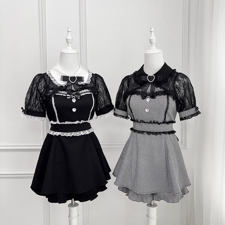 Sweetheart Bowtie Rhinestone Kei Shawl Houndstooth -Shirt Black Jirai Set Top Shorts Lace Collar Decoration +
