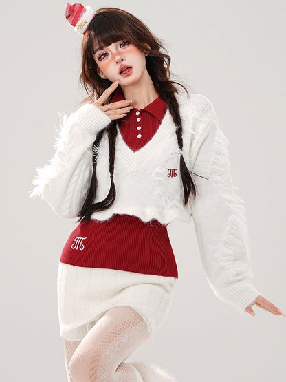 White V-neck Cropped Sweater + Red Knit Top + White Mini Skirt Set