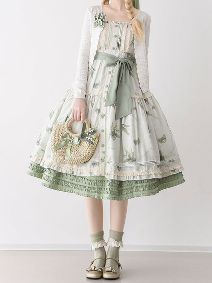 Robe d'été fleurie vert clair à imprimé muguet, jupe pull Kei Lolita naturelle
