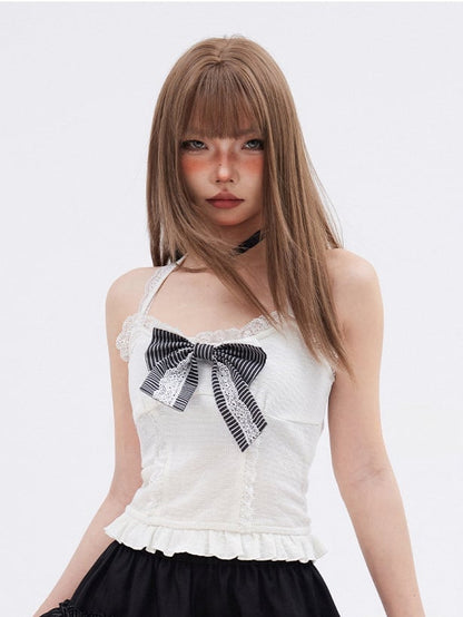 Hem Big Bow Glamorous White Lace Trim Ruffled Cami Top with