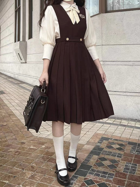 with 70cm Brown / Embroidery High Waist Box Pleat Overall Dress 65 Dove