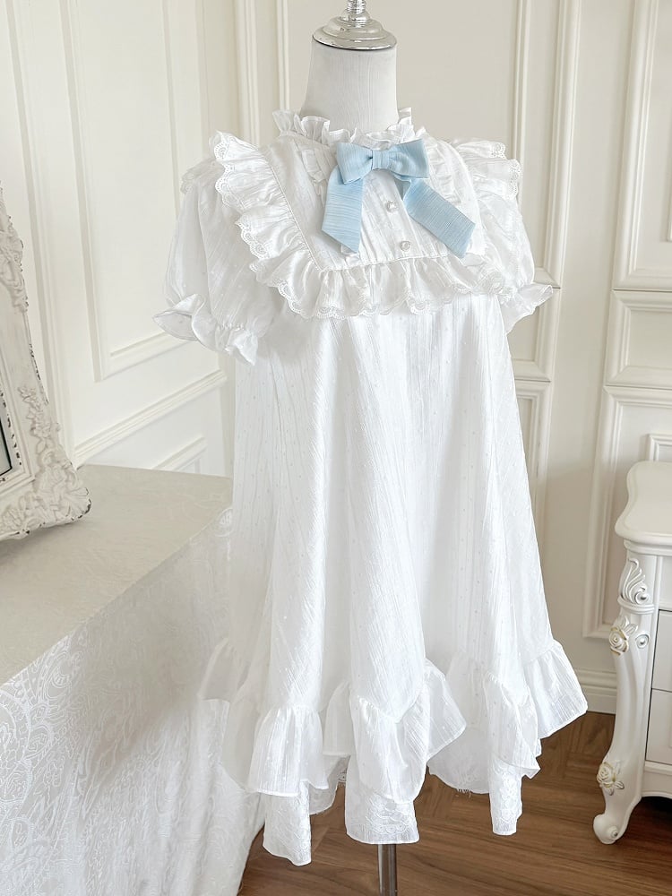 Blue Trim White Ruffle Neckline Lace Puff Sleeves Dress with