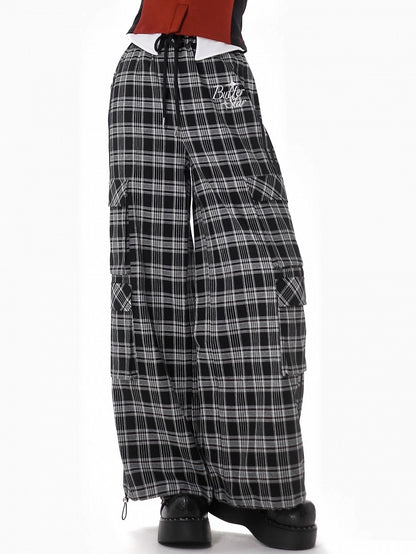 Black and Grey Letters Cargo Pockets Design Plaid Pants