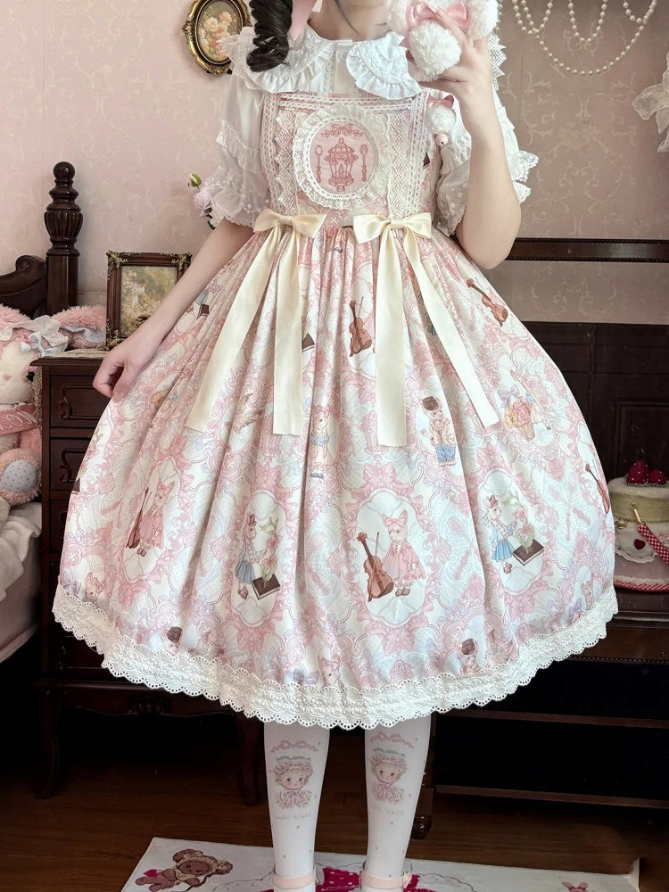 Light High Violin Lolita Bunny and Yellow Waist Print Dress Sweet JSK