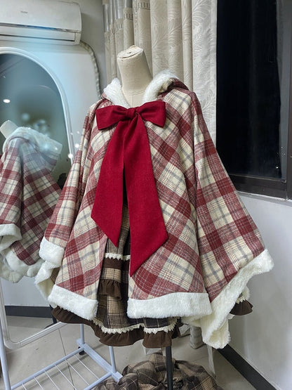 Red Plaid Pattern Self-tie Big Bow Neckline Christmas Hooded Cape Coat