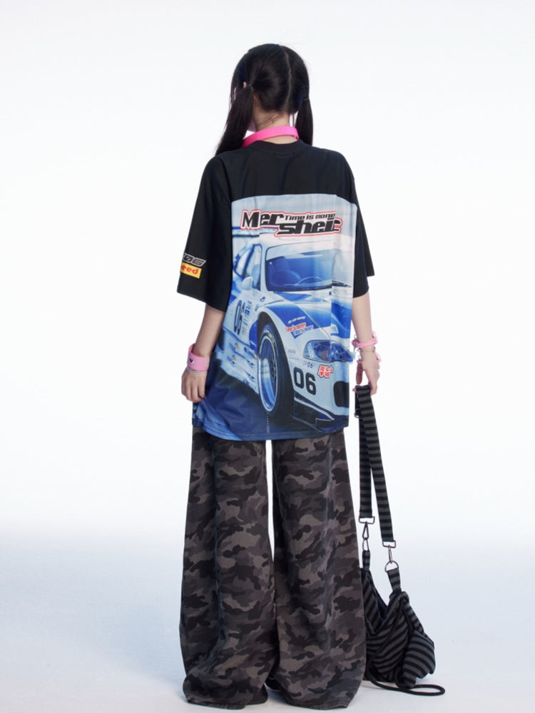 Blue Black and T-shirt Colorblock V-neck Racing Print Loose Design