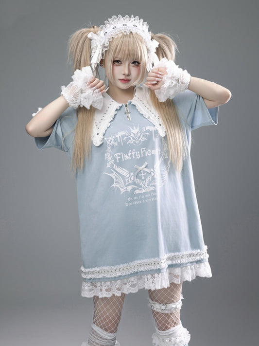 Blue Pointed Flat Collar Cutout Shoulder Lace Trim Jirai Kei Dress Light