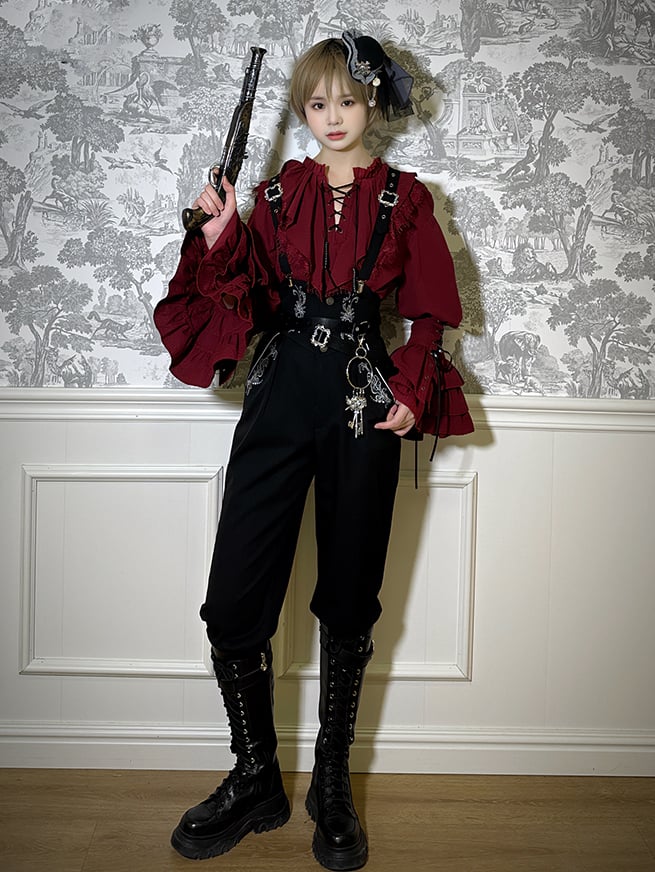 Lolita Corset with Belt Straps Black Ouji High Waist Pants