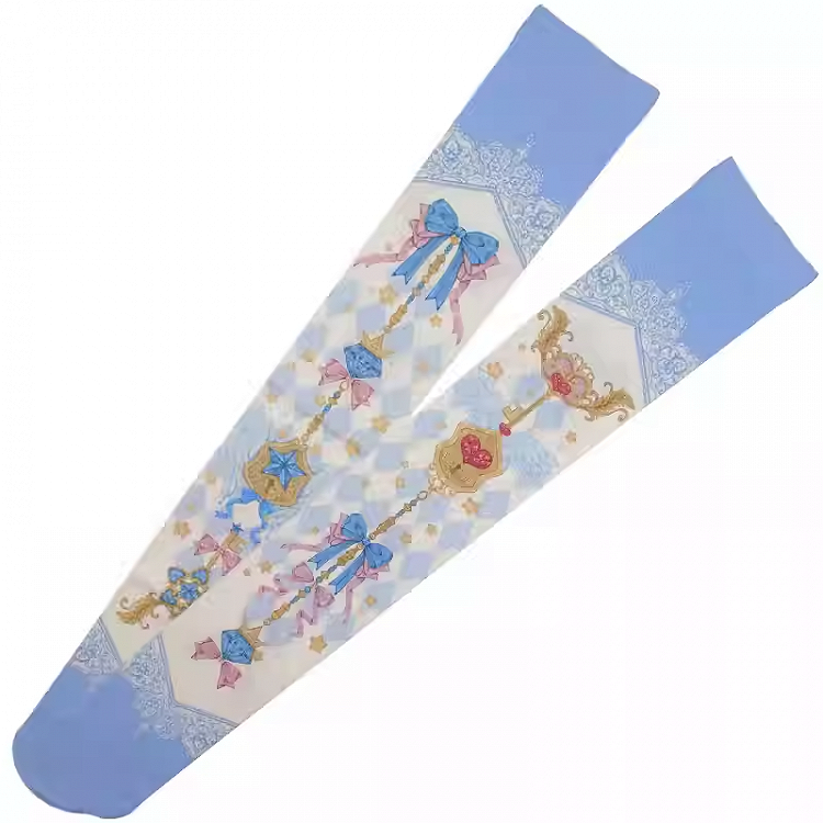 Bas Lolita au-dessus du genou Yume Kawaii à motif de diamants bleus et imprimé nœud
