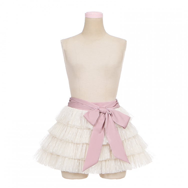 Beige Tulle Balletcore Self-tie Tiered Skirt Bow with