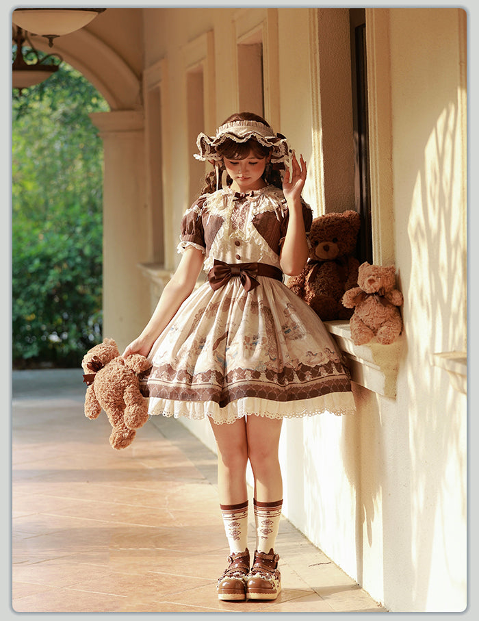 Braunes Lolita-Kleid mit Rüschen und Rundhalsausschnitt, Kitty- und Teddy-Print, Sweet Lolita OP