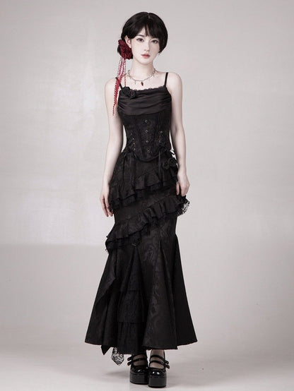 Black Elegant Gothic Lolita Flounce Trimming Mermaid Skirt