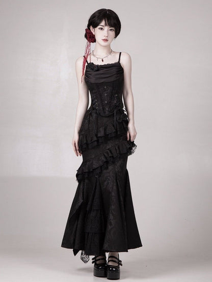 Boned Black Corset Top Neckline Cowl Gothic Lolita