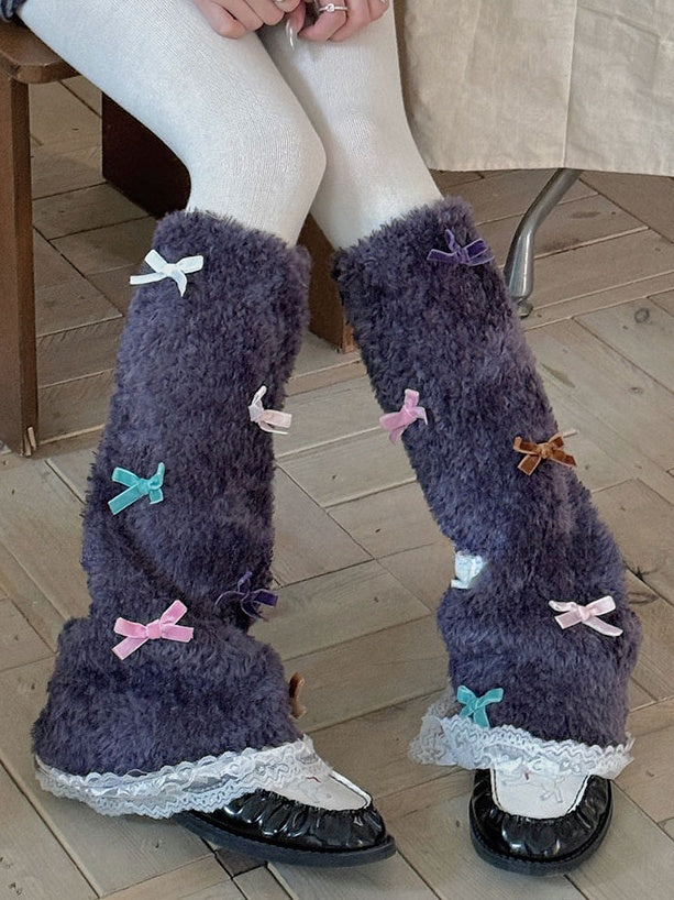 White Sweet Bowknot Lace Trim Leg Warmers