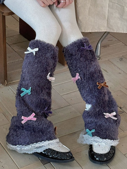 White Sweet Bowknot Lace Trim Leg Warmers