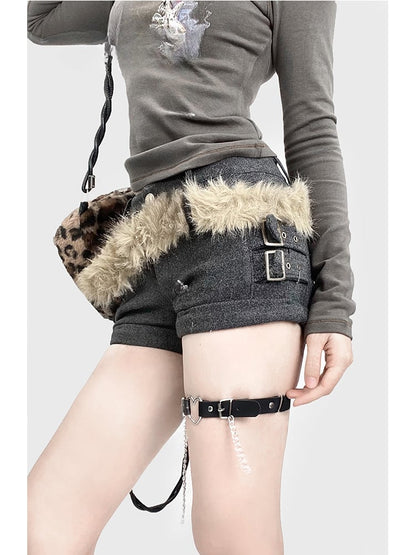 Grey Rolled Cuffs Shorts with Shaggy Waist Belt