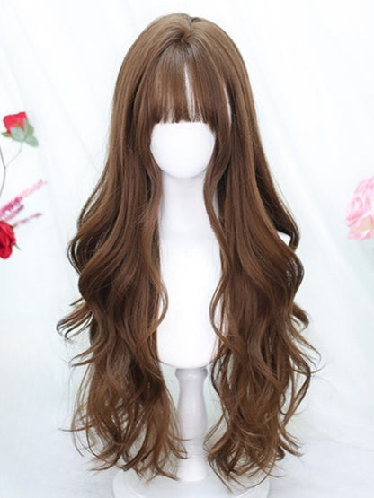 Brown 65-70CM Waist Length Wavy Wig With Air Bangs