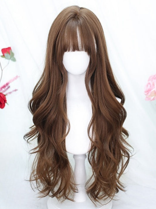 Brown 65-70CM Waist Length Wavy Wig With Air Bangs