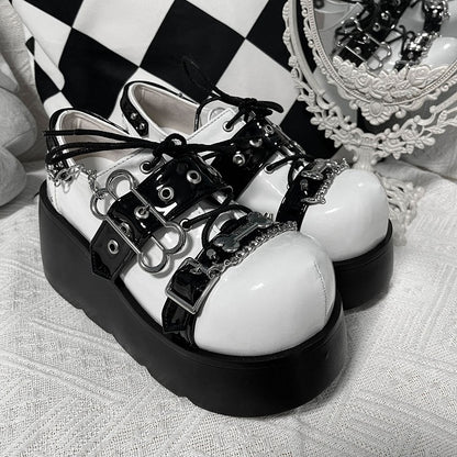 Jirai Kei Polished White&Black Y2K Bone Buckle Strap Platform Shoes