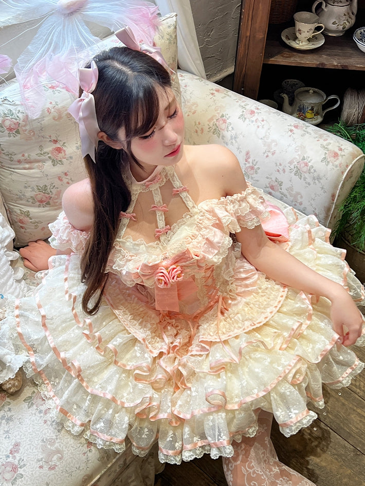 Pink Dress Ruffles Corset Fairy Princess Lace Kei Halter Tiered Neck Waist Skirt