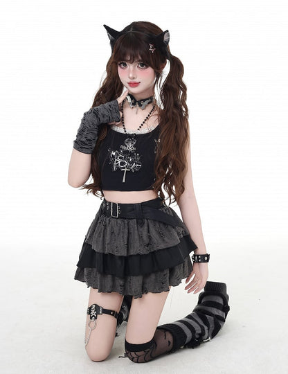 Stufenrock Grau Distressed Löcher Gefüttert