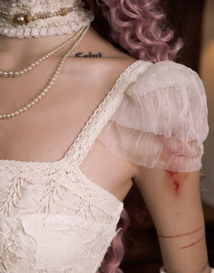 Cream Bows Heart Cutout Light Dress Goth Pink Romantic Slip Summer