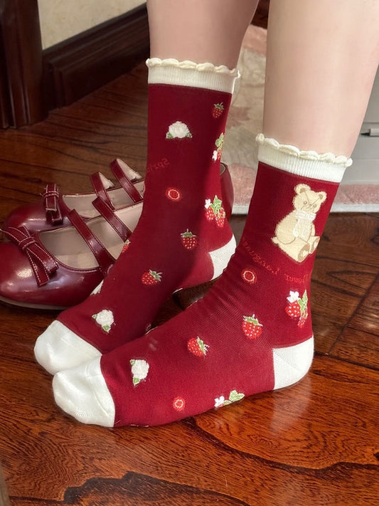 Strawberry Bear Socks Print Red/Purple/Black Lolita Calf Bunny