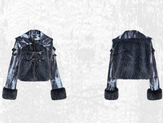 Grunge Punk Rock Blue Faux Fur Patchwork Jacket Chain Detail