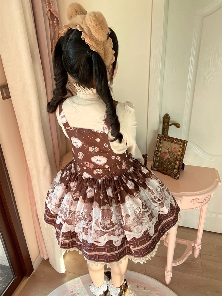 Coffee Chocolate Teddy Bear Lace Trim Big Bow Sweet Lolita Dress Jumper Skirt