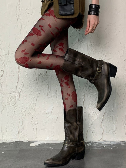 Pattern BlackRed Tights Rosette Gothic