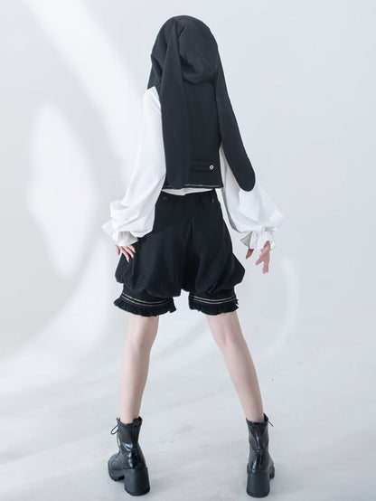 Black Oversized Bunny Ears Hooded Ouji Waistcoat