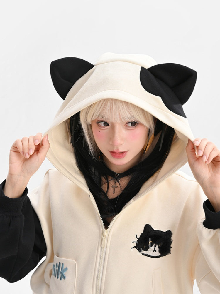 Black and White Kitty Ear Hood Kitty Pattern Zip Closure Cropped Hoodie