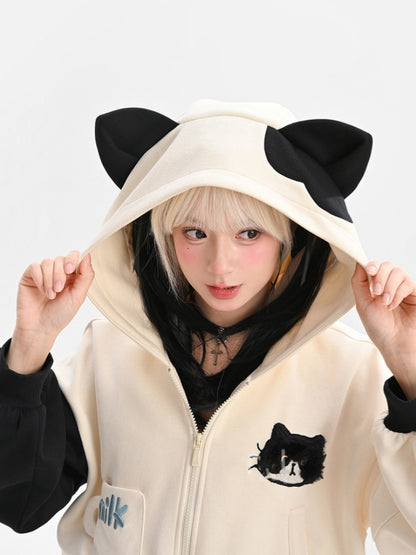 Black and White Kitty Ear Hood Kitty Pattern Zip Closure Cropped Hoodie