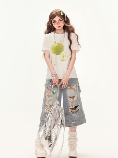 Embellished T-Shirt Green Apple Print White Round Neck Rhinestones