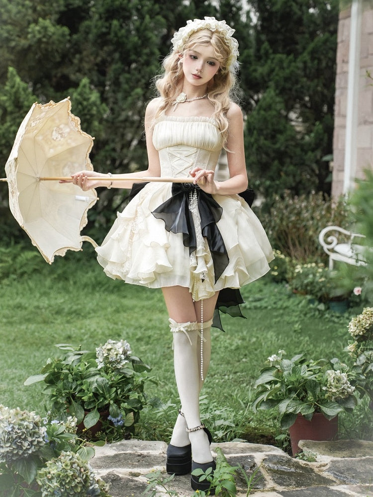 Boned Dress Skirt Cascading Beige Ruffle Classic Version Short Basque Set Waist Lolita Full