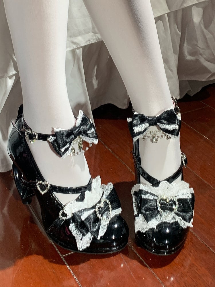 Chain Lolita Hime Heel Beaded Crystal with Leather PU Heart-Shaped Black Details Detachable Heart Heels -