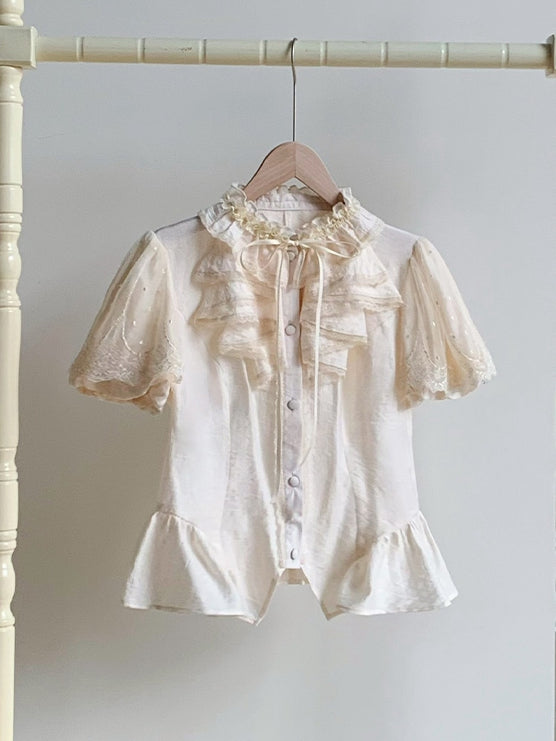 Ärmel Puff Rüschen Bequeme Kurze Atmungsaktive und Ausschnitt Beige Shirt