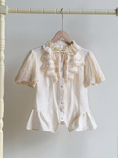 Ärmel Puff Rüschen Bequeme Kurze Atmungsaktive und Ausschnitt Beige Shirt