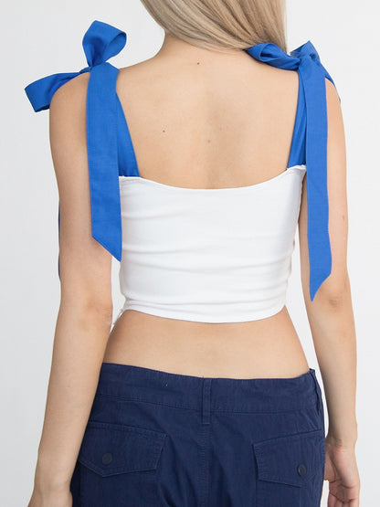White Curved Hem Glamorous Sleeveless Top Blue Self-Tie Straps