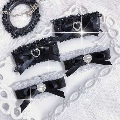 Jirai Kei Black/Black and White Sweetheart Rhinestones Adorned Bowknot Shoe Clips