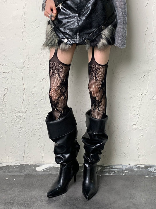 Dark Gothic Black Punk Floral Hollow-out Suspender Tights