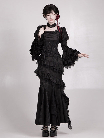 Black Elegant Gothic Lolita Flounce Trimming Mermaid Skirt