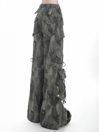 Gray/Green Faded Vintage Dark Wash Wide-Leg Cargo Jeans with Zippered Cuffs