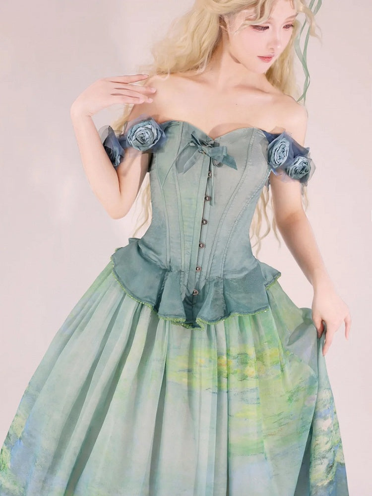 Flounce Green Hem Boned Corset Top with Detachable Floral Adornments