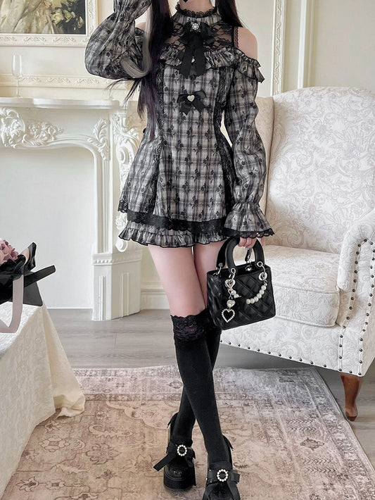 Set Skirt Cutout Shoulder Mini Shorts Jirai Kei Illusion Dress Neckline Plaid with Ruffled Gray Hem