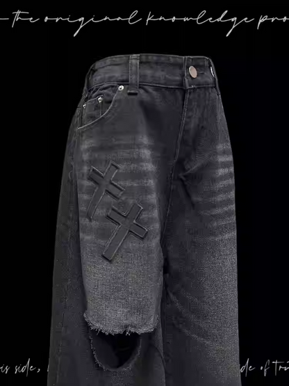 Vintage Applikationen Distressed Holes Straight-Leg Jeans Schwarzes Kreuz